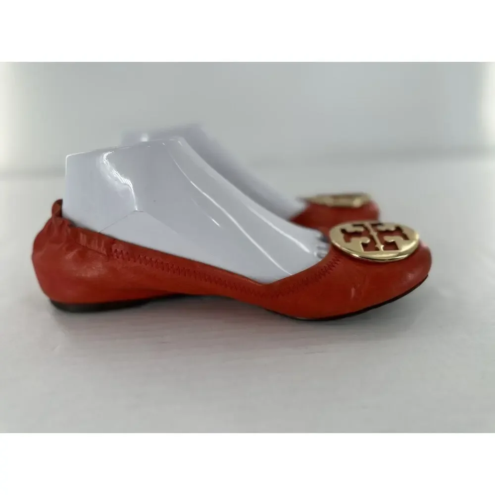 Tory Burch Flats Sz 8 Minnie Travel Orange Logo Office Classic Gold Logo Leather